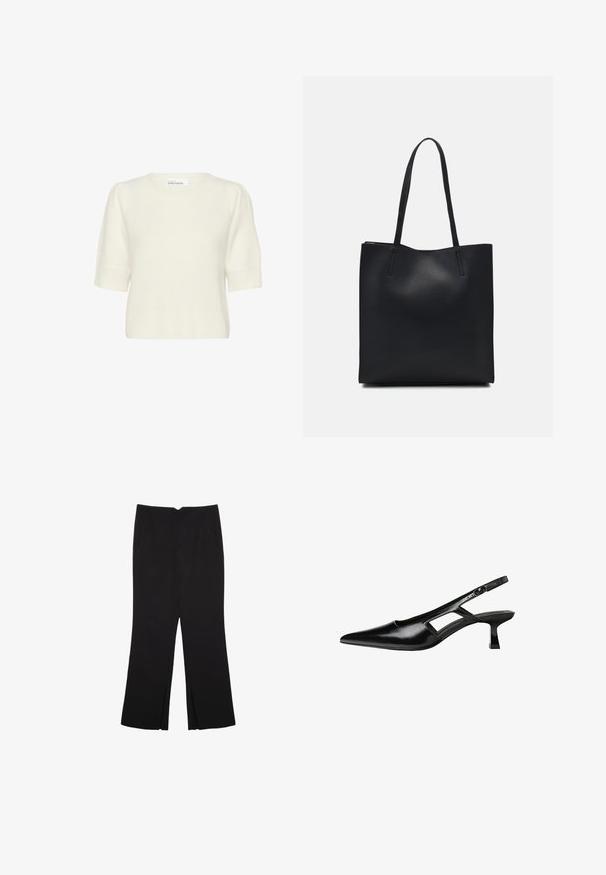 Kermanvalkoinen lyhythihainen neulepaita, jossa on liehuvat olkapäät ja resorireuna, valmistaja Karen by Simonsen.; Mustat housut suoralinjaisella leikkauksella, joissa on etutaskut ja sivurei'ät helman alla. Valmistettu pehmeästä ja sileästä kankaasta. Sopii eri tilaisuuksiin.; Mustat lakatut nahkakengät, joissa on viistopää, leikattu sivusuunnassa ja pieni neliökoroke. Sujuva pinta, jossa on minimaalinen koristelu.; Mustapahkainen kangaskassi, jossa on sileä pinta, suorakaiteen muotoinen ja kaksi pitkää kahvaa. Ei näkyvää metalliosaa tai koristeita.