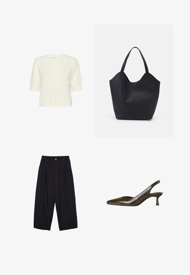 Pull tricoté à manches courtes couleur crème avec épaules bouffantes et ourlet côtelé, fabriqué par Karen by Simonsen.; Pantalon culotte noir en polyester avec une taille élastique, deux plis avant et une silhouette ample. Pas de motifs visibles ni de détails matériels.; Mocassins à talon slingback vert olive avec un bout pointu et un talon bas et fin. Texture brillante avec une finition légèrement froissée.; Sac fourre-tout noir en cuir lisse, doté d'un haut ouvert et courbé avec deux brides d'épaule et un design minimaliste.