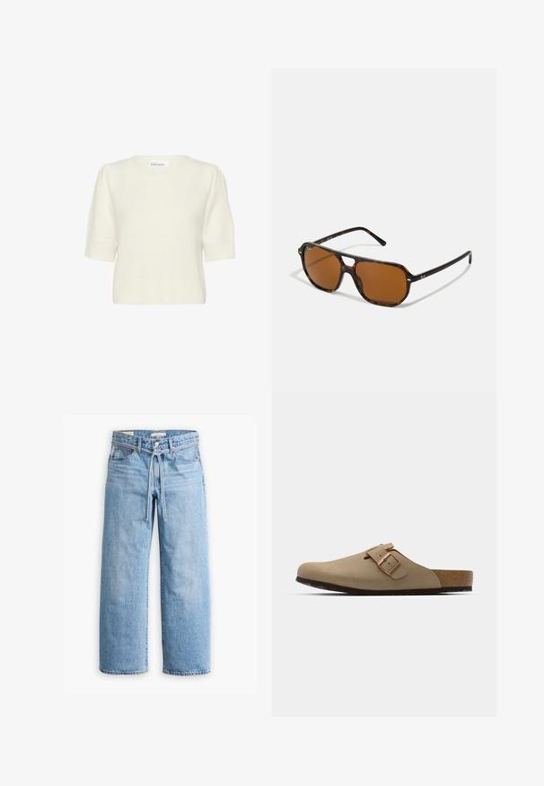 Cream-colored short-sleeve knit sweater with puffed shoulders and ribbed hem, made by Karen by Simonsen.; Light blue denim wide-leg jeans with a high waist, button and zip closure, and a drawstring detail at the waist. Raw hem finish.; Beige clogs with a rounded toe, adjustable buckle accent, and cork footbed. Textured surface with a black rubber sole for grip.; Tortoiseshell sunglasses with brown lenses, rectangular shape, and metal accents on the frame. Sleek design with thin arms.