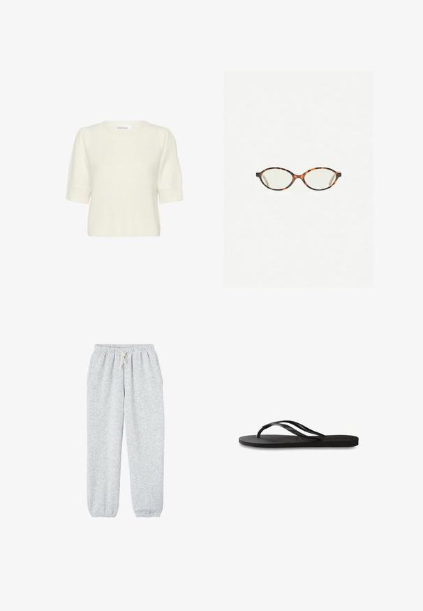Kremno obarvan kratkoročni pleteni pulover z napihnjenimi rameni in rebrastim robom, izdelan s strani Karen by Simonsen.; Sive trenirke iz mehkega materiala, z elastičnim pasom z vrvico in elastičnimi manšetami na gležnjih.; Črne natikače z teksturirano gumijasto podlogo, dvema ozkima trakoma in subtilnim, vtisnjenim logom na traku.; Kornjačaste očala z ovalnimi lečami in gladko, sijočo površino. Imajo tanke stranice z rahlim ovinkom na templjih. Prosojne leče.