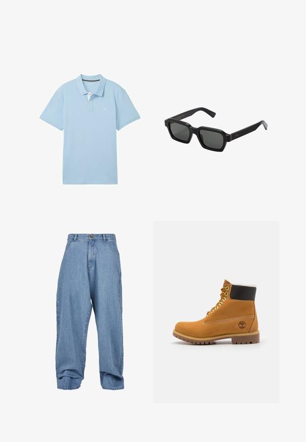 Helehelesinine polo-särk on valmistatud siledast kangast. Omab klassikalist kraed, lühikesi varrukaid ja väikest logot vasakul rinnal.; Heledad sinine teksapüks, millel on vabalt langev lõige, nupuga sulgemine, esipocketid ja mansett, klassikalise viie taskuga disain.; Pruun nahast pahkluu saabas metallist silmadega, valge karvane vooder, must pehmendatud krae, robustne tallal ja küljes reljeefne logo.; Mustad, nelkjalgsed prillid hallide objektiividega. Pakseplastist raamid on kuldsete aktsentidega ja kaubamärgiga templis. Sile pind.