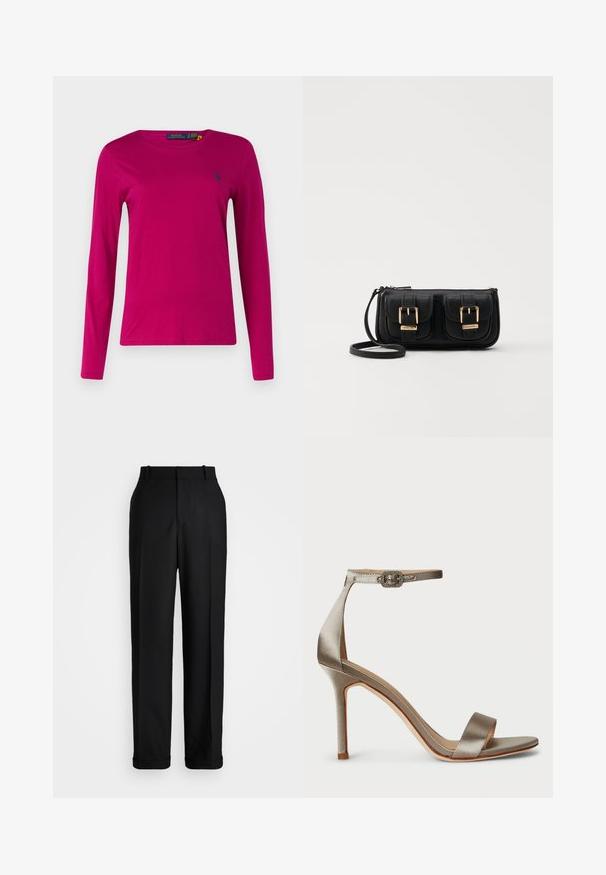 Polo Ralph Lauren LONG SLEEVE - Ilgarankovis viršutinės dalies drabužis - fuschia berry; Polo Ralph Lauren HIGH RISE RELAXED STRAIGHT TROUSER - Kelnės - black; Sidabrinės atlasinės aukštakulnės sandalai su kulkšnies dirželiu, puošiančiu sagtimi. Atviras pirštas ir plonas, elegantiškas dizainas.; Juodas odinis per petį nešiojamas krepšys su dviem priekiniais kišenėmis, auksiniais sagtimis, užtrauktuko uždarymu ir siauromis petnešomis. Textūruota paviršius ir kompaktiškas stačiakampis formatas.