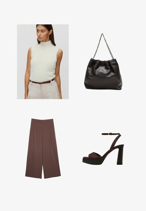 Lys cremefarvet ærmeløs turtleneck sweater i blød, fuzzy tekstur. Parret med højtaljede beige bukser og et brunt læderbælte.; Brune bredbunde bukser med en glat tekstur, der har høj talje og plisseringer foran. Stoffet er let og falder løst.; Brune ruskinds højhælede sandal med åben tå, justerbar ankelrem og en stribet plade sål.; Brun lædertaske med en rynket top og en kædestrop. Glat tekstur med en blank finish og subtile sømdetaljer på siderne.