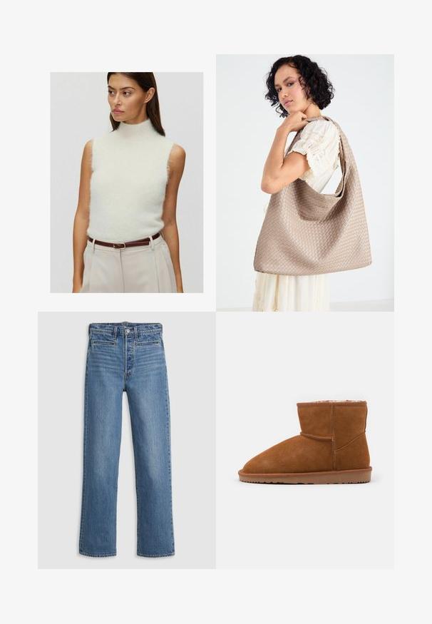 Lys cremefarvet ærmeløs turtleneck sweater i blød, fuzzy tekstur. Parret med højtaljede beige bukser og et brunt læderbælte.; Lys blå, lige ben jeans lavet af denim. Funktioner inkluderer en knaplukning, fem lommer og diskret slid. Ingen udsmykninger eller mønstre.; Brune ruskind ankelstøvle med en afrundet tå og blød foring, der har en flad gummisål og minimale syninger.; Vævet beige tote taske med et afslappet design og en enkelt skulderrem. Har et struktureret mønster over hele overfladen.; Gennemsigtig akrylhårklipper med en subtil iriserende glans. Rund form med seks buede tænder for et sikkert greb om håret.