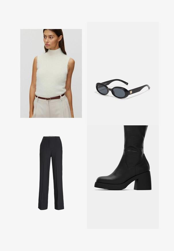 Jasny kremowy bezrękawnik z wyższym kołnierzem, wykonany z miękkiego, puszystego materiału. W połączeniu z beżowymi spodniami o wysokim stanie i brązowym skórzanym paskiem.; Czarne, wysokie spodnie o prostym kroju nogawki. Wykonane z gładkiego materiału, z przodu z zaszewkami i bocznymi kieszeniami.; Czarna skórzana botka do połowy łydki z masywnym słupkiem i okrągłym noskiem, przedstawiona w profilu bocznym na białym tle.; Czarne owalne okulary przeciwsłoneczne z ciemnymi soczewkami, błyszcząca plastikowa oprawka, szerokie zauszniki i mały złoty akcent z jednej strony.