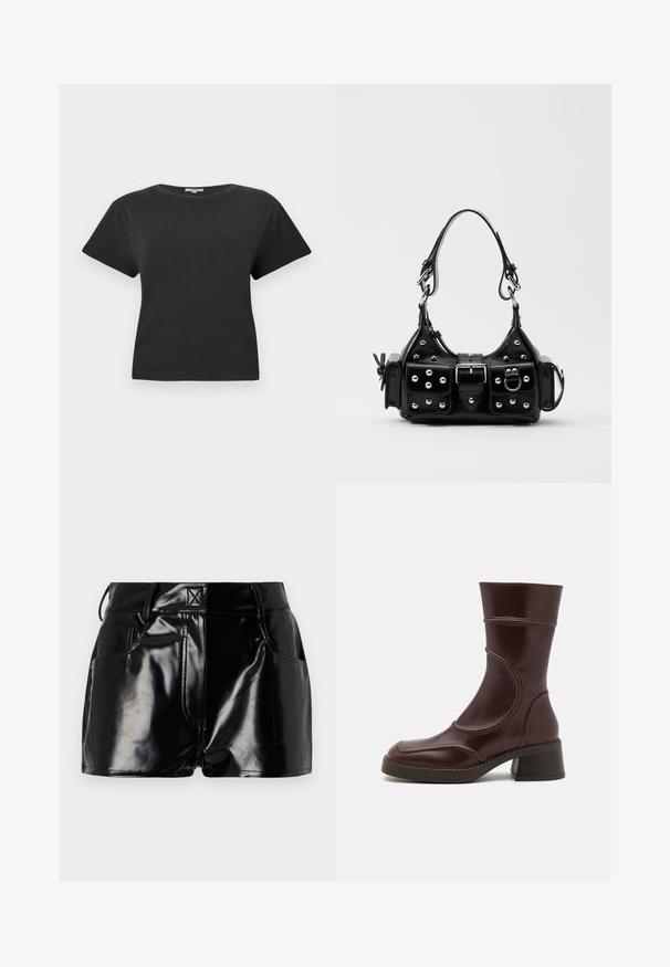 Czarna bawełniana koszulka z krótkim rękawem, okrągłym dekoltem i luźnym krojem. Brak widocznych wzorów lub elementów metalowych. Gładka faktura.; Czarne, błyszczące spodenki wykonane z materiału syntetycznego. Posiadają dopasowaną talię, szlufki na pasek oraz przednie kieszenie z wyraźnymi detalami stębnowania.; MIISTA MALENE brązowy; Czarna skórzana torebka w zakrzywionym kształcie, z srebrnymi ćwiekami, klamrą i dwoma bocznymi kieszeniami. Regulowany pasek umożliwiający różne opcje noszenia.