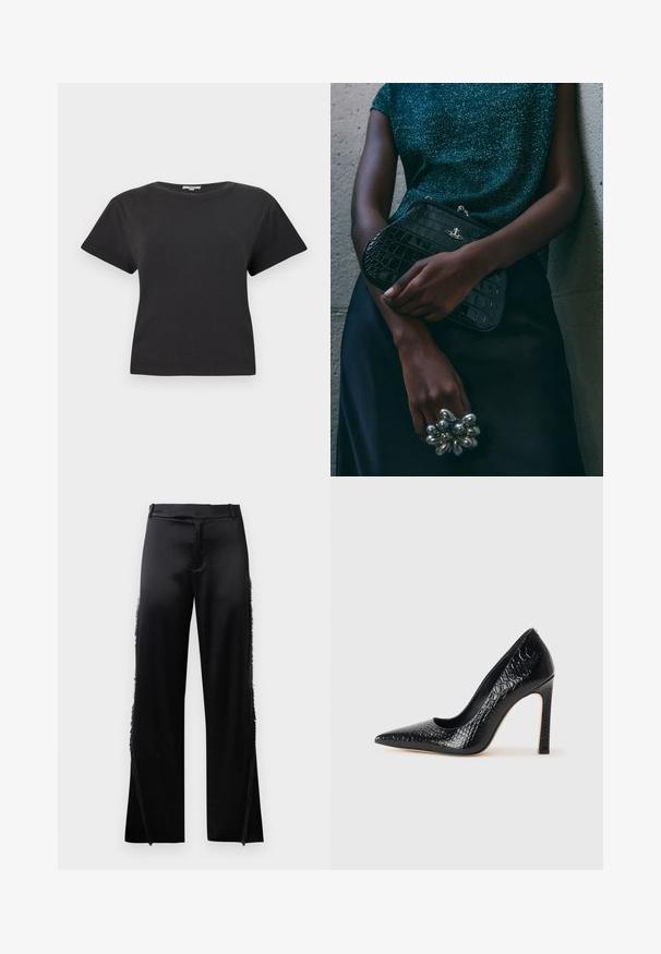 Czarna bawełniana koszulka z krótkim rękawem, okrągłym dekoltem i luźnym krojem. Brak widocznych wzorów lub elementów metalowych. Gładka faktura.; Czarne satynowe spodnie z szerokimi nogawkami, z frędzlami wzdłuż szwów bocznych oraz gładkim pasem w talii. Prosty tył bez kieszeni.; Czarne szpilki z ostrym noskiem, pokryte teksturą skóry krokodyla, charakteryzujące się eleganckim wzornictwem, wysokim obcasem w stylu stiletto oraz gładkim czarnym wnętrzem.; Czarna kopertówka w wzór krokodyla z srebrnymi akcentami, trzymana na szarym, teksturowanym tle. Posiada błyszczącą powierzchnię.
