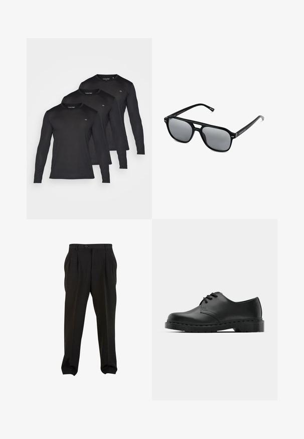 Kolme pitkähihaista mustaa paitaa, jotka on valmistettu kevyestä kankaasta, joissa on pyöreä pääntie ja pieni CK-logo rinnassa.; Mustat housut sileällä kankaalla, etupuolelta laskostetut, napilla varustettu vyötärö ja kapenevat nilkkaleikat. Klassinen hyvin istuva siluetti.; Musta nahkainen oxford-kengät, joissa on nauhakiinnitys, pyöreä kärki, litteä kumipohja ja hillitty ompelutaito yläosassa.; Mustat aurinkolasit suorakulmaisilla kehyksillä, harmaasävyisillä linsseillä ja siltaleikkauksella. Tyylikäs, kiiltävä muovimateriaali, kapeilla temppeleillä.