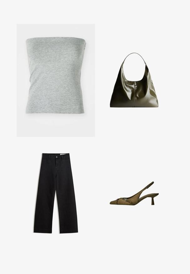 Sivi top bez naramenica napravljen od mekanog, rastezljivog materijala. Ima jednostavan dizajn s glatkom teksturom i bez vidljivih šavova.; Crne široke traperice s visokim strukom, s prednjim i stražnjim džepovima, šivenim šavovima i kopčanjem na gumb. Glatka tekstura.; Maslinasto zeleni nubuk slingback potpetice s oštrim vrhom, podesivim remenom i detaljem srebrne kopče; niski, flared potplat za stabilnost.; Maslinasto zelena kožna torba za rame s glatkom, sjajnom površinom. Ima zaobljen vrh i mekan, drapirani oblik. Minimalistički dizajn.
