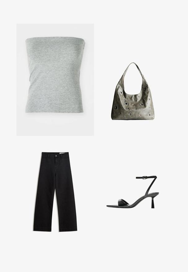 Grå, stropløs top lavet af blød, strækbar stof. Har et enkelt design med en glat tekstur og ingen synlige sømme.; Sorte wide-leg denim bukser med høj talje, der har front- og baglommer, syede sømme og en knaplukning. Glat tekstur.; Bershka Højhælede sandaletter / Højhælede sandaler - black; Oliven grøn læderhåndtaske med et slouchy design, der har forskellige størrelser af cirkulære udskæringer og accenter i mørkere og lysere nuancer.