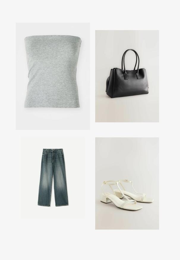 Grå, stropløs top lavet af blød, strækbar stof. Har et enkelt design med en glat tekstur og ingen synlige sømme.; Bredde ben denim jeans i falmet blå vask, med fem lommer, knaplukning og subtile slidser foran.; Hvide læder sandaler med blokhæl og T-stropdesign, firkantet tå og tekstureret hældetalje med en glat finish. Guld hardware detaljer.; Sort faux læder tote taske med to lange håndtag, struktureret form, glat tekstur og minimalistisk design. Ingen synlige hardware eller accenter.