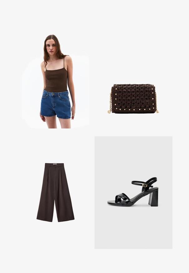 Braunes geripptes Tanktop mit dünnen Trägern, kombiniert mit hochgeschnittenen blauen Denimshorts mit seitlichen Taschen und goldfarbener Knopfleiste.; Schwarze, weit geschnittene Hose mit hoher Taille, ausgestattet mit vorderen Falten und einem Knopfverschluss an der Taille, aus glattem Stoff gefertigt.; Schwarze Lackleder-Stiletto-Sandalen mit Blockabsatz, ausgestattet mit überkreuzten vorderen Riemen und einem verstellbaren Knöchelriemen mit einer goldenen Schnalle.; Braune geflochtene Clutch mit strukturierter Oberfläache, goldfarbener Hardware und dekorativen Nieten entlang der Kanten. Besitzt einen Kettenriemen.