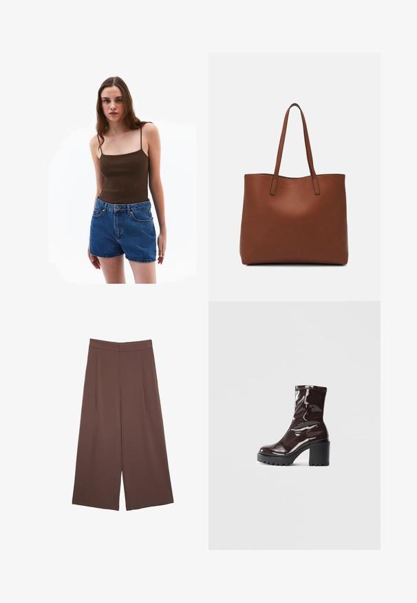 Braunes geripptes Tanktop mit dünnen Trägern, kombiniert mit hochgeschnittenen blauen Denimshorts mit seitlichen Taschen und goldfarbener Knopfleiste.; Braune Weite-Leg-Hosen mit einer glatten Textur, hoher Taille und Vorderfalten. Der Stoff ist leicht und fällt locker.; Glatte bordeauxrote Ankle Boots mit einem klobigen schwarzen Absatz, die eine glatte Oberfläche und ein einfaches Design aufweisen. Keine sichtbaren Verschlüsse oder Muster.; Braune Leder-Tote mit glatter Textur, offenem Oberteil und zwei Schulterriemen. Verfügt über minimale Nähte und keine sichtbaren Beschläge.