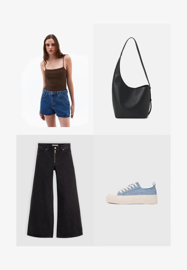 Top sin mangas de canalé marrón con tirantes finos, combinado con pantalones cortos de mezclilla azul de cintura alta que presentan bolsillos frontales y cierre con botones dorados.; Jeans de pierna ancha en denim negro con cierre frontal, diseño de cinco bolsillos y detalles de costura sutiles. Textura suave y estilo casual.; Zapatillas de lona azul claro con una puntera y suela de goma crema, que cuentan con cordones blancos y una lengüeta en el talón.; Bolso tipo hobo de cuero negro con una textura suave, forma curvada y una sola correa ajustable; presenta una amplia apertura en la parte superior.