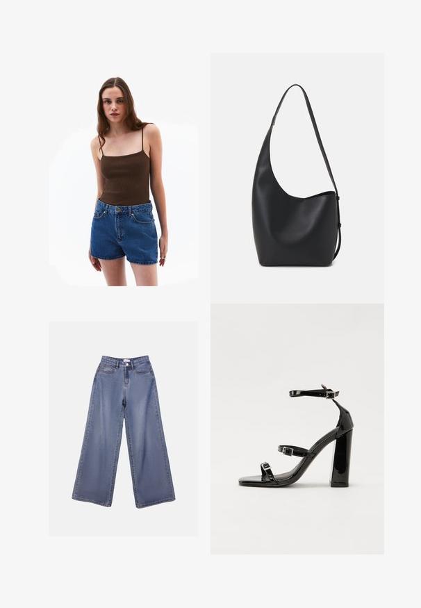 Top sin mangas de canalé marrón con tirantes finos, combinado con pantalones cortos de mezclilla azul de cintura alta que presentan bolsillos frontales y cierre con botones dorados.; Jeans de mezclilla de pierna ancha en un lavado azul claro, con una cintura alta, bolsillos frontales y un cierre de botón con trabillas para el cinturón.; Sandalias de tacón de charol negro con punta cuadrada, correas en el tobillo y hebillas plateadas. Presentan un tacón grueso para mayor estabilidad.; Bolso tipo hobo de cuero negro con una textura suave, forma curvada y una sola correa ajustable; presenta una amplia apertura en la parte superior.