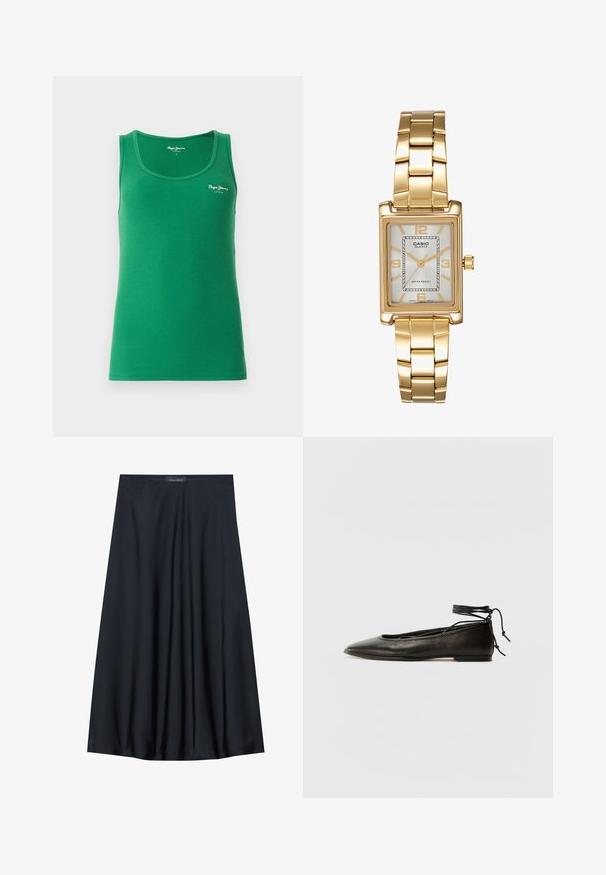 Grünes geripptes Tanktop mit rundem Ausschnitt und dünnen Trägern, versehen mit einem kleinen weißen Logo auf der Vorderseite. Glatte Textur.; Schwarzer, knielanger Rock aus leichtem Material mit fließendem Design. Verfügt über eine glatte Textur und subtile Falten für zusätzliche Details.; Schwarze Leder-Ballerinas mit spitzem Zehenbereich, Knöchelband und flacher Sohle, die eine glatte Textur und ein minimalistisches Design aufweisen.; Goldfarbene rechteckige Armbanduhr mit Zifferblatt in Weiß, silbernen Stundenmarkierungen und einem strapazierfähigen Metallarmband. Wasserfest.