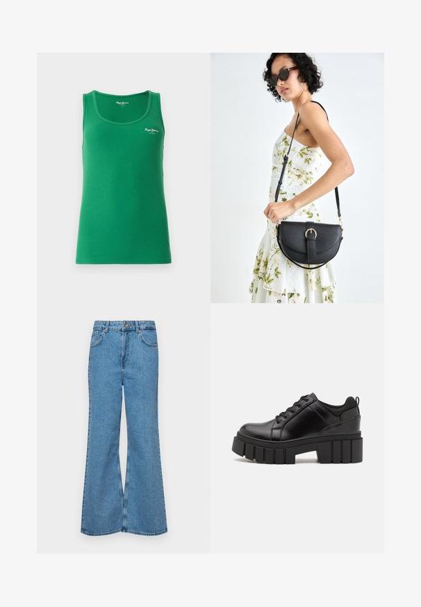 Green ribbed tank top with a round neckline and thin straps, featuring a small white logo on the front. Smooth texture.; Light blue flared jeans made of denim, featuring a high waist, five pockets, and a single button closure. Soft texture with faded finish.; Black leather platform shoes with a chunky block heel, round toe, and traditional lace-up design. Features smooth texture and minimal detailing.; Black leather handbag with a curved shape, detachable strap, and gold hardware. The bag features a flap with a buckle detail.