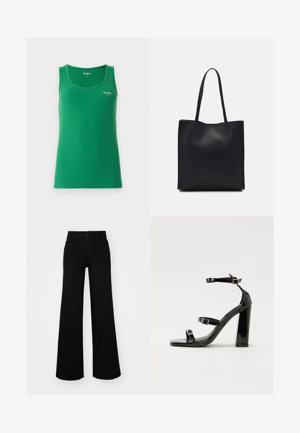 Canotta verde a costine con scollatura rotonda e spalline sottili, con un piccolo logo bianco sul davanti. Texture liscia.; Pantaloni neri a gamba larga in denim, con una vita strutturata, passanti per la cintura e tasche frontali. Texture liscia con un design classico.; Sandali con tacco in vernice nera, con punta squadrata, cinturini alla caviglia e fibbie in argento. Presentano un tacco a blocco spesso per maggiore stabilità.; Borsa tote in pelle nera con texture liscia, forma rettangolare e due manici lunghi. Nessun hardware o decorazione visibile.