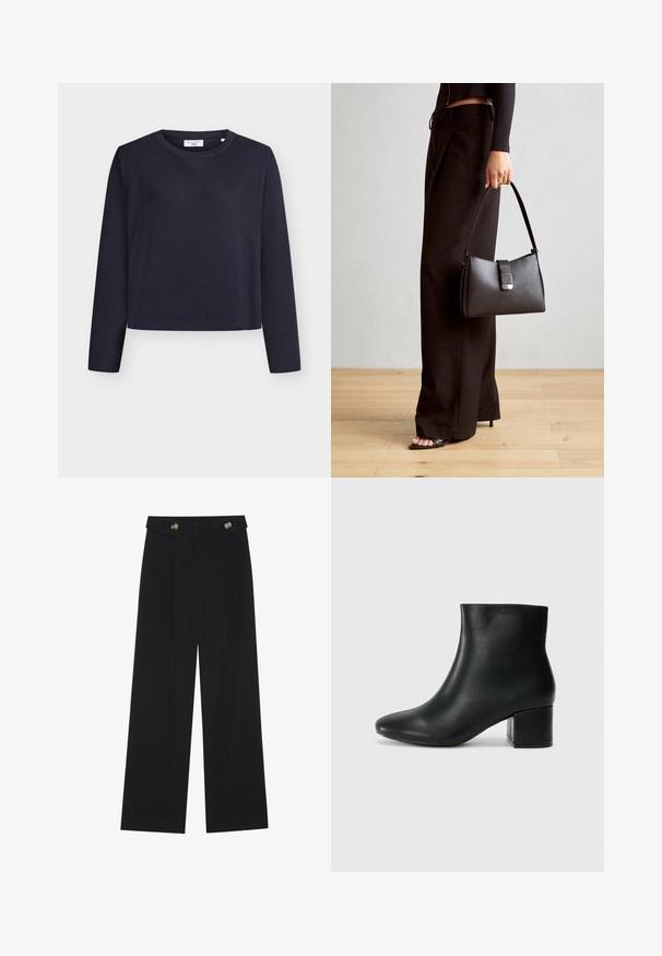 Pull court bleu marine en tissu côtelé avec un col rond et des manches longues, présentant un détail discret en V sur le devant.; Pantalons larges noirs à taille haute, avec des détails de boutons à la taille et des plis sur le devant.; Bottines en cuir noir avec un bout pointu et un talon épais. Texture lisse avec des accents minimalistes et un design élégant et ajusté.; Sac à main noir à la forme structurée, texture lisse et fermoir métallique. Associé à un pantalon noir ample et des sandales ouvertes sur un sol en bois.