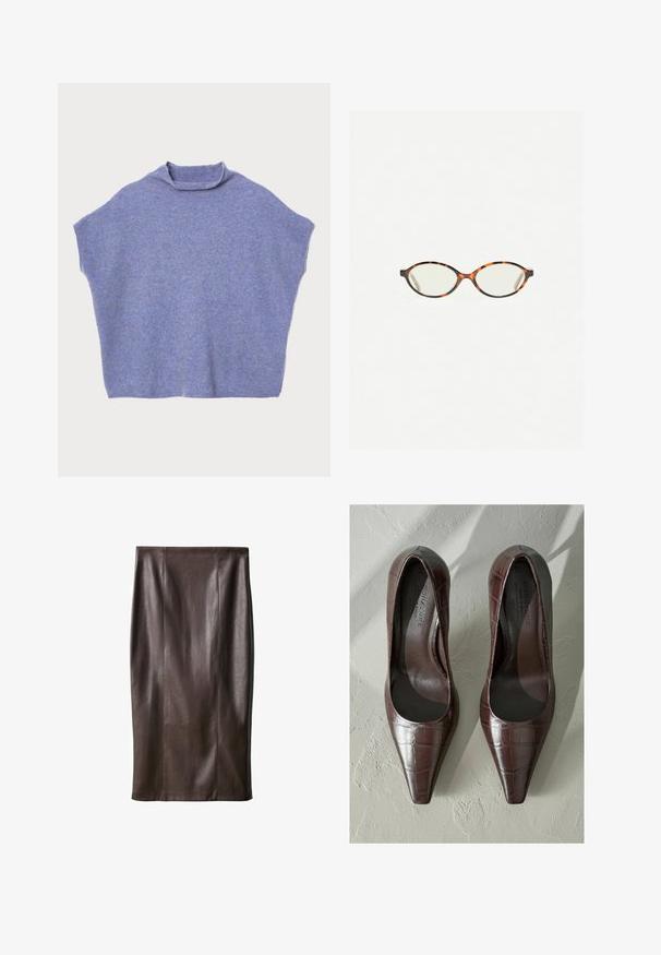 Lyseblå, kortærmet strikketrøje med høj hals og afslappet pasform. Blød tekstur, minimale sømme og ingen synlige mønstre eller hardware.; Brun læderblyantskørt med en glat tekstur, knælangt, med vertikale sømme for design. Ingen yderligere hardware eller accenter.; Brune patenterede læderhøjhælede sko med spids tå, med krokodillestruktur og glat inderside. Designet til et slankt udseende.; Skildpaddebriller med ovale linser og en elegant, glat finish. Har tynde sider med en subtil kurve ved tindingerne. Klare linser.