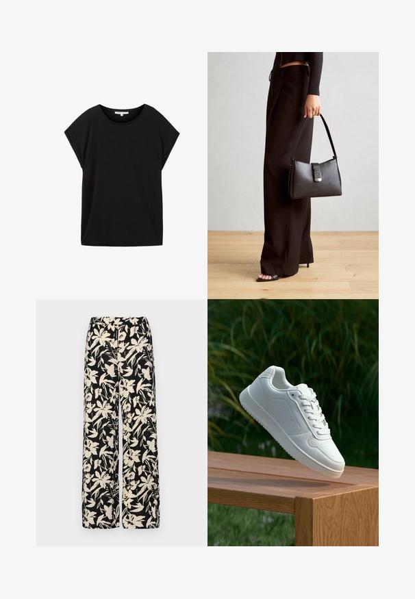 TOM TAILOR DENIM FLUENT TEE - T-paita - deep black; Mustat leveälahkeiset housut, joissa on kermaisen värinen kukkakuosi. Valmistettu kevyestä kankaasta, jossa on sileä pinta ja korkea vyötärö.; Valkoiset tennarit, joissa on sileä synteettinen päällinen, rei'itetty varvasosa, litteät nauhat ja teksturoitu pohja, esillä puupinnalla.; Musta käsilaukku, jossa on rakenteellinen muoto, sileä pinta ja metallinen solki. Yhdistetty leveisiin mustiin housuihin ja avonaiheisiin sandaaleihin puulattialla.