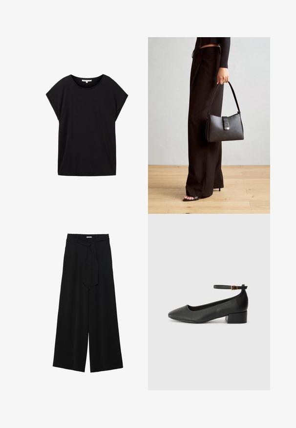 TOM TAILOR DENIM FLUENT TEE - T-paita - deep black; Mustat leveät housut, joissa on teksturoitu kangas, joustava vyötärö ja irrotettava nauha vyötäröllä säädettävää istuvuutta varten.; Mustat nahkakengät, joissa on terävä kärki ja matala lohkare korko. Varustettu nilkkahihnalla, jossa on kultasävyinen solki. Lisää sileä pinta.; Musta käsilaukku, jossa on rakenteellinen muoto, sileä pinta ja metallinen solki. Yhdistetty leveisiin mustiin housuihin ja avonaiheisiin sandaaleihin puulattialla.