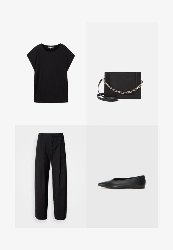 TOM TAILOR DENIM FLUENT TEE - T-shirt basic - deep black; Zwarte broek met een ontspannen pasvorm, geplooide voorkant en riemlussen. Soepele stof en rechte pijpen, met zijzakken.; Zwarte leren balletflat, puntige neus, minimalistisch design, gladde textuur, lage hak, geen zichtbaar beslag of versieringen.; Zwarte leren schoudertas met een gladde textuur, rechthoekige vorm en een metallic kettingdetail aan de voorkant. Verstelbare schouderband inbegrepen.