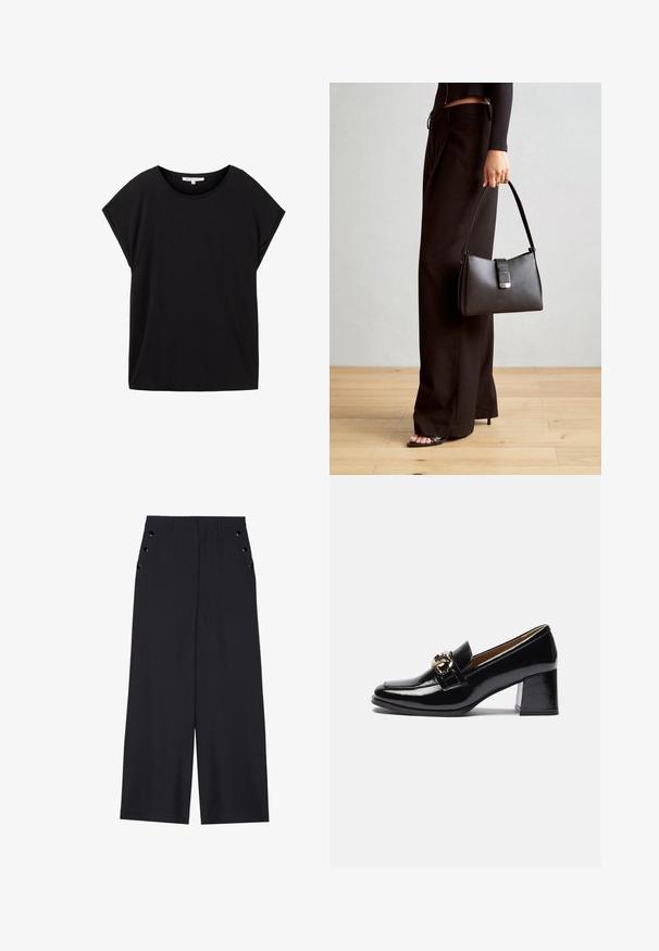 TOM TAILOR DENIM FLUENT TEE - T-Shirt basic - deep black; Weite Hosen aus dunkelblauem Stoff mit einer glatten Textur, Vorderfalten und dekorativen goldfarbenen Ösen an den Seitentaschen.; Schwarze Lacklederschuhe mit Absatz, runder Zehenpartie, kräftigerem Absatz und einem goldfarbenen Hardware-Akzent auf dem vorderen Riemen.; Schwarze Handtasche mit strukturierter Form, glatter Textur und einem metallischen Verschluss. Kombiniert mit weiten schwarzen Hosen und offenen Sandalen auf einem Holzboden.