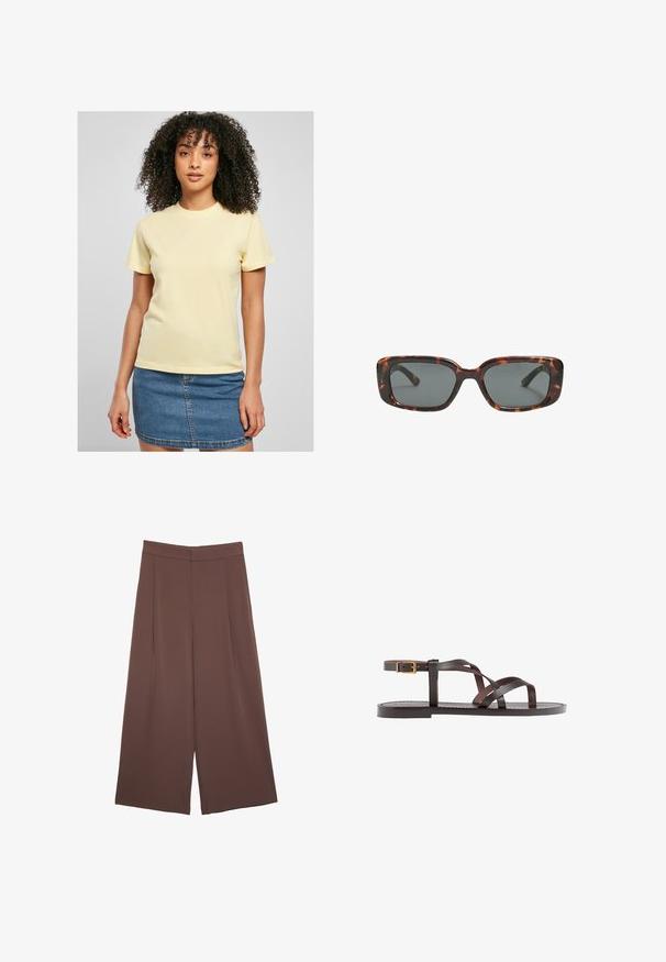 T-shirt di cotone gialla con maniche corte, caratterizzata da un logo ricamato bianco sul petto. Indossata con una gonna di jeans.; Pantaloni ampi marroni con una texture liscia, caratterizzati da una vita alta e pieghe frontali. Il tessuto è leggero e scorre liberamente.; Sandal in pelle marrone con cinturini incrociati, chiusura con cinturino alla caviglia e suola piatta con dettagli di cucitura minimi.; Occhiali da sole tartaruga con lenti rettangolari, montatura spessa e lenti scure. Texture liscia e design minimalista.