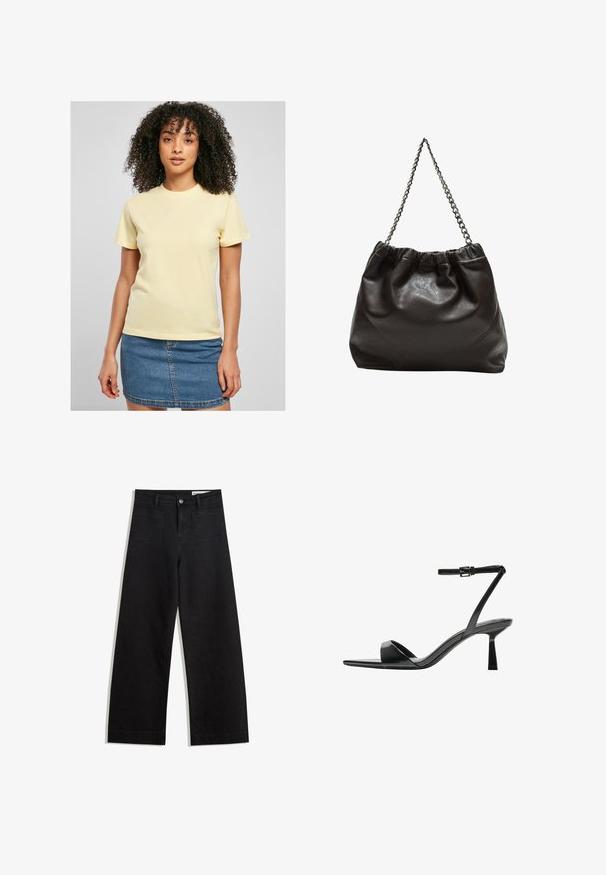 Gelbes Baumwoll-T-Shirt mit kurzen Ärmeln, mit einem weißen gestickten Logo auf der Brust. Trägt man mit einem Jeansrock.; Schwarze weit geschnittene Jeans mit hoher Taille, ausgestattet mit Vorder- und Hintertaschen, gesteppten Nähten und einem Knopfverschluss. Glatte Textur.; Bershka High Heel Sandalette - black; Braune Lederhandtasche mit gerafftem Oberteil und Kettenriemen. Glatte Textur mit glänzendem Finish und subtilen Nahtdetails an den Seiten.