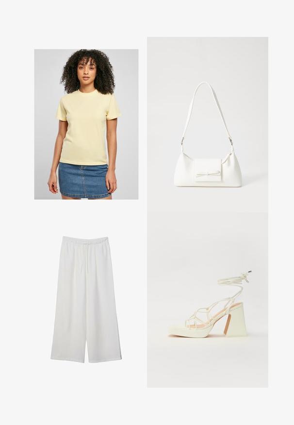 Žlté bavlnené tričko s krátkymi rukávmi, s bielym vyšívaným logom na hrudi. Nosené s riflovou sukňou.; Biele široké nohavice z ľahkého materiálu s elastickým pásom a šnúrkou na nastavenie veľkosti. Hladká textúra.; Biele sandále na vysokom opätku s hrubým podpätkom, s pruhovaným dizajnom a viazaním na členku. Hladký povrch s platformou vpredu pre zvýšenú výšku.; Biela syntetická kabelka s trojuholníkovým tvarom, plochým predným klapkou a detailom mašle, nastaviteľným popruhom, hladkou textúrou a minimalistickým dizajnom.