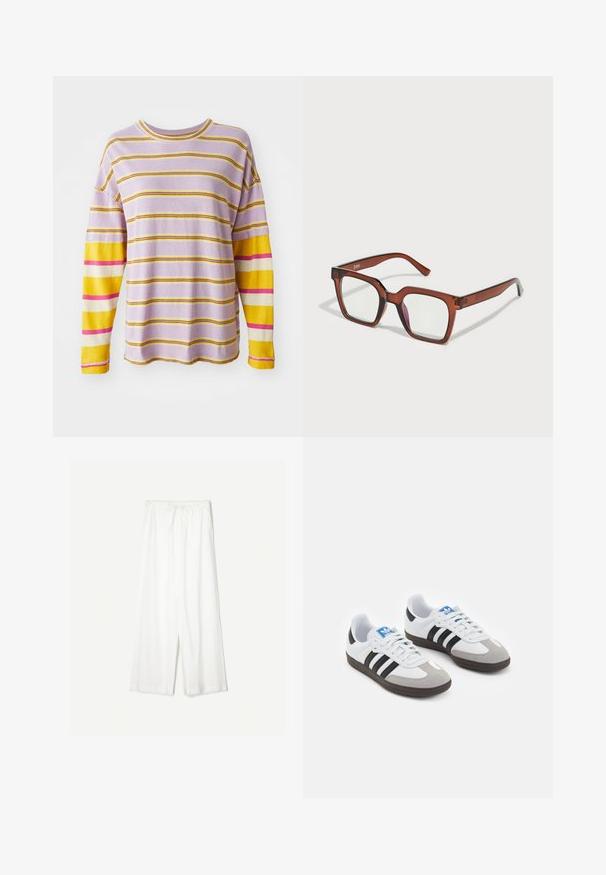 Hosszúujjú ing levendula alapszínnel, sárga, rózsaszín és krémszínű vízszintes csíkokkal. Jellemzője a kerek nyakkivágás és a bordázott mandzsetta.; Fehér, laza szabású, gumis derekú nadrág, sima háttér előtt bemutatva, kiemelve az ellazult stílusát és az anyag textúráját.; Fehér bőr felsőrészes sportcipő, szürke velúrból készült orral és három fekete csíkkal. Jellemzője a kék logó a nyelvén és egy texturált gumitalp.; Barna, túlméretes, téglalap alakú szemüveg, átlátszó lencsékkel, a jobb lencsén enyhe rózsaszín árnyalattal. Műanyag keret sima felülettel.