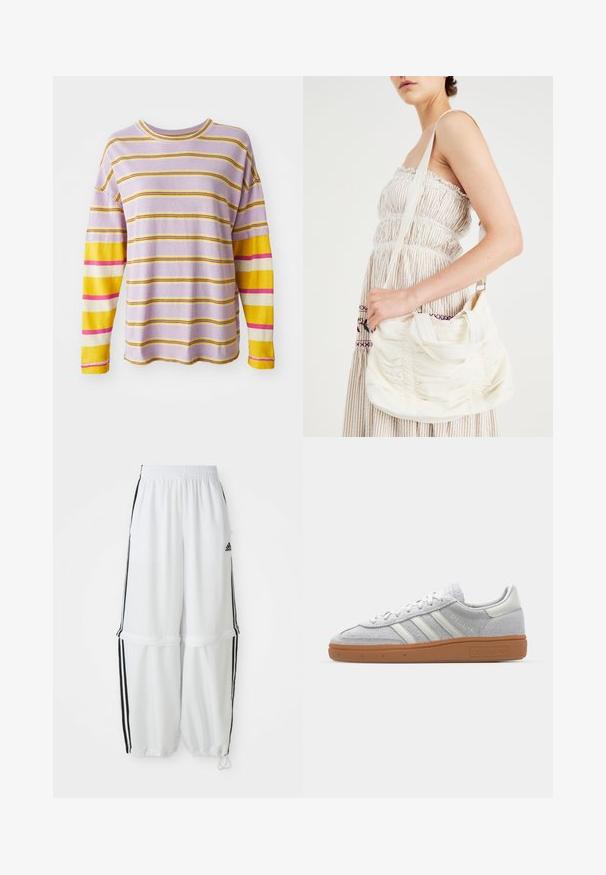 Langermet skjorte med lavendelfarge og horisontale striper i gul, rosa og krem. Har rund hals og ribbestrikkede mansjetter.; Hvite treningsbukser med relaxed fit, elastisk midjebånd og svarte sidelister. Har glidelåslommer og elastiske mansjetter ved anklene.; Lys grå semsket lær sneakers med hvite lærdetaljer, tre hvite striper og en brun gummisåle, med en polstret krage for ekstra komfort.; Hvit stoff skulderveske med samlet tekstur, justerbar stropp og sølvfarget hardware. Vist sammen med en kremfarget kjole.