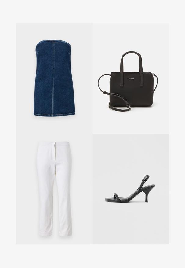 Tumši zila džinsu bezplecu kleita. Taisnā griezumā bez piedurknēm, ar redzamām šuvēm centrā un apgrieztiem malām.; Baltas kokvilnas bikses ar taisnu kāju dizainu, ar vidēju augstumu un bez redzamām detaļām vai rakstiem. Visā virsmā ir gluda tekstūra.; Melnas ādas augstpapēžu sandales ar plānu, izliekta formas papēdi un krustenisku siksnu dizainu. Regulējama potītes siksna. Gluda tekstūra.; Melns roku soma ar divām īsām rokturiem un noņemamu plecu siksnu. Gluda ādas līdzīga materiāla ar rāvējslēdzēja aizdari un logos detaļu.
