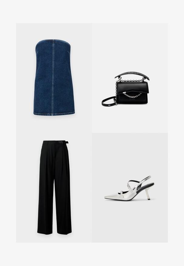 Vestido de ganga sem mangas em azul escuro. Corte reto sem alças, apresentando uma costura visível ao centro e bordas acabadas.; Calças largas pretas de cintura alta, com pregas à frente e um cinto com fivela. Feitas de um tecido liso e leve.; Saltos slingback prateados com bico apontado, apresentando um acabamento metálico suave, um salto esguio e detalhes decorativos nas tiras.; Bolsa de couro preta com um design estruturado, detalhes em corrente e alça, e uma superfície texturizada. Apresenta um fecho de aba com a marca visível.