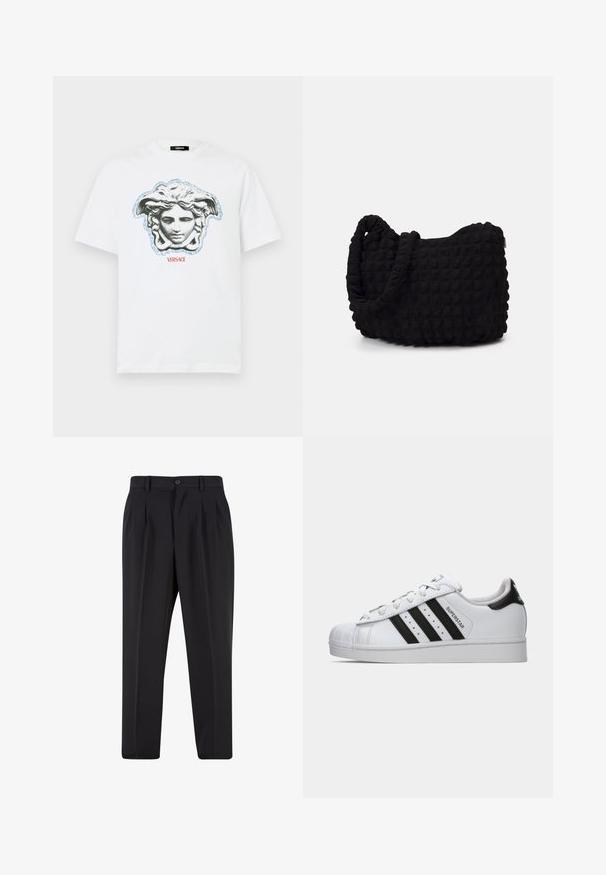 Camiseta blanca de algodón con un gráfico central de Medusa de estilo griego en negro y gris, con acentos azules y texto "VERSACE" en rojo debajo.; Pantalones negros con un diseño de frente plisado, hechos de una tela suave. Cuentan con un cierre de botón y pasadores para cinturón; corte recto.; Zapatilla Adidas Superstar blanca con franjas negras, puntera de concha y texto "Superstar" en el lateral, mostrada en perfil izquierdo sobre fondo blanco.; Bolsa de tela negra con un patrón texturizado y acolchado. Forma redondeada, asas cortas y gruesas, y una estructura blanda y flexible.