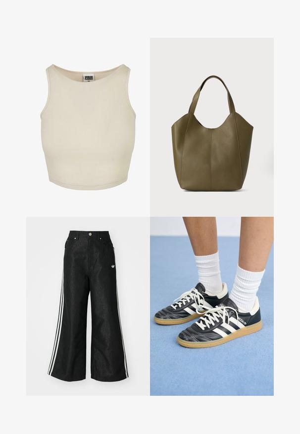 Beige ribbad crop top med rund halsringning och ärmlös design. Har en enkel textur och en diskret varumärkesetikett inuti halsen.; Svarta vida denimbyxor med tre vita ränder på varje sida och en liten vit logotyp. Har framfickor och knäppning med knapp.; Svarta lädersneakers med vita ränder, rund tå, vita snören och sula av gummirubber. Betonar en vadderad krage och varumärkesdetaljer.; Olivgrön läderaxelväska med dubbla remmar, slät textur och design med fyra paneler. Förstärkt sömnad längs sömmarna för hållbarhet.