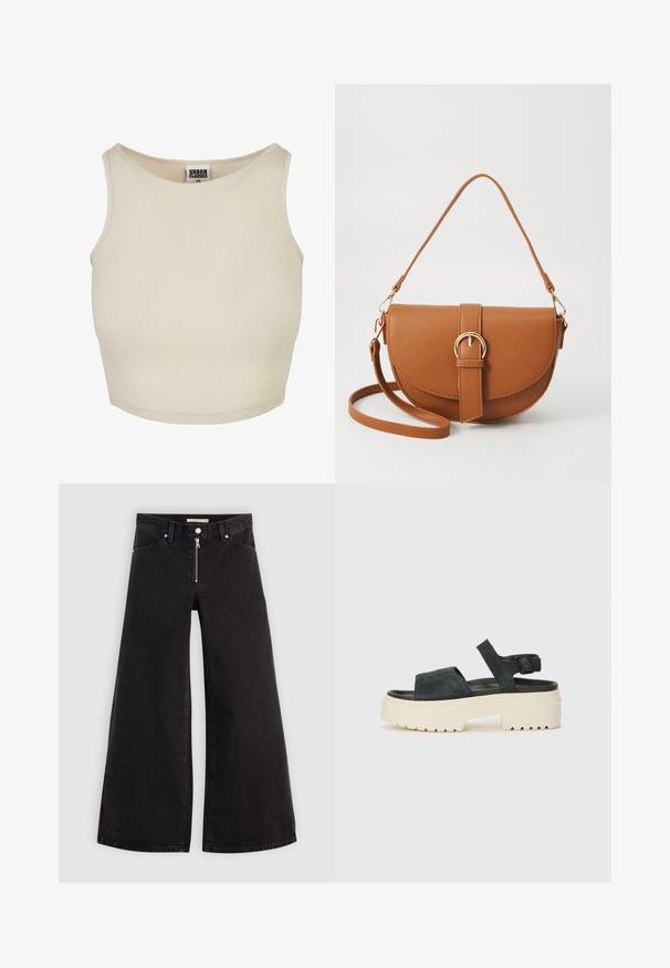 Bežs ribots īsais tops ar apaļu kakla izgriezumu un bez piedurknēm. Tam ir vienkārša tekstūra un diskrēta zīmola uzlīme kakla iekšpusē.; Platas kājas džinsi melnā džinsa audumā ar rāvējslēdzēju priekšā, piecu kabatu dizains un smalkas šuvju detaļas. Gluda tekstūra un ikdienišķs stils.; Melnas zamšādas platformas sandales ar masīvu baltu zoli, plašu priekšējo siksnu un regulējamu potītes sprādzi. Rievojuma zole labākai saķerei.; Brūns ādas plecu soma ar izliekta formu, zelta piederumiem un sprādzes akcentu. Iesaiņota ar noņemamu plecu siksnu.