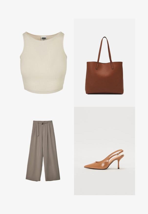 Beige ribbad crop top med rund halsringning och ärmlös design. Har en enkel textur och en diskret varumärkesetikett inuti halsen.; Breda byxor i ett mjukt, dämpat grått tyg, med belagd midja och veck för extra designdetaljer. Slät textur, inga mönster.; Tåspets slingback-häl i ett slätt, glansigt brunt material. Har en kurvad utskärning och en smal stilettklack. Silverdetalj med spänne.; Brun läder tote-väska med en slät textur, öppen toppdesign och två axelremmar. Har minimal söm och ingen synlig metalldetalj.