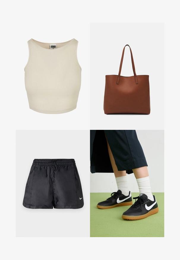 Bežs ribots īsais tops ar apaļu kakla izgriezumu un bez piedurknēm. Tam ir vienkārša tekstūra un diskrēta zīmola uzlīme kakla iekšpusē.; Melnas sporta bikses, kas izgatavotas no viegla, gluda auduma. Aprīkotas ar elastīgu jostasvietu, auklu un mazu baltu logotipu apakšējā labajā stūrī.; Melna āda un sintētiska materiāla sporta apavi ar baltu Nike logo, gumijas zole, apaļa purngala forma un melni šņores. Redzamas ribotas baltas zeķes.; Brūna ādas iepirkumu soma ar gludu tekstūru, atvērta augšdaļa un divas plecu siksnas. Izceļas ar minimālām šuvēm un redzamu aparatūru nav.