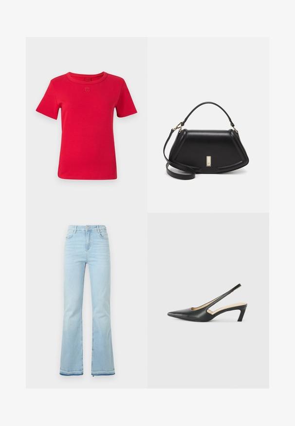 T-shirt rossa in cotone con maniche corte, scollo rotondo e logo "HUGO" ricamato sul petto. Texture liscia e design semplice.; Jeans flare azzurri in denim, caratterizzati da una vita alta, tasche anteriori e un orlo grezzo ai polsini per un look casual.; Scarpa slingback nera con punta affilata e tacco basso, realizzata in pelle liscia e con un design a taglio laterale per favorire la traspirabilità.; Borsa a mano in pelle nera con un design strutturato, caratterizzata da una forma corta, manico superiore e accessori in metallo dorato. Inclusa tracolla regolabile.