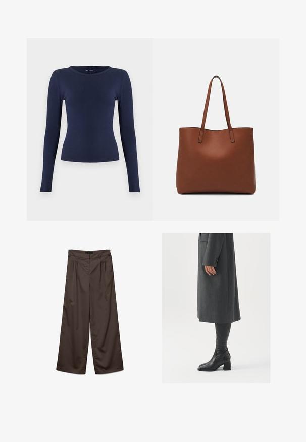 Granatowy, długi rękaw, prążkowany top z okrągłym dekoltem. Wykonany z elastycznego materiału, ma dopasowany krój i gładką fakturę.; Spodnie o szerokich nogawkach w ciemnobrązowym materiale o gładkiej teksturze. Charakteryzują się plisami z przodu oraz standardowym pasem.; Szary, dopasowany płaszcz o prostym kroju; zestawiony z czarnymi skórzanymi kozakami do kolan z kwadratowym noskiem i grubym obcasem.; Brązowa skórzana torba tote o gładkiej fakturze, z otwartym wierzchem i dwoma ramiączkami. Charakteryzuje się minimalnym przeszyciem i brakiem widocznych elementów metalowych.