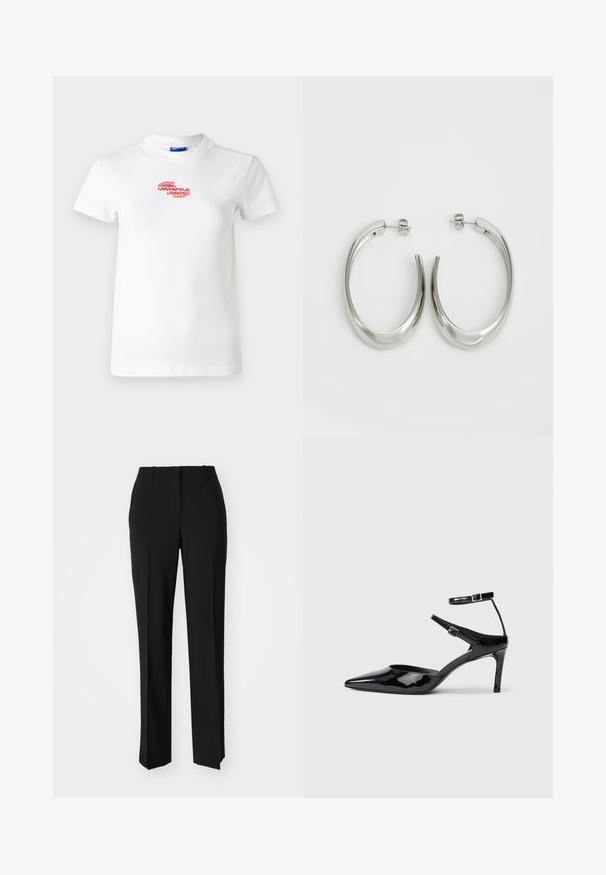 T-shirt de algodão branco com mangas curtas, apresentando um logotipo gráfico vermelho "KARL LAGERFELD JEANS" no peito. Decote redondo simples.; Calças pretas de corte ajustado com um design de perna reta, apresentando uma textura lisa e pregas bem definidas na frente. Sem hardware visível.; Sapatos de salto alto em pele sintética preta, com bico fino, tiras ajustáveis ao tornozelo e um salto esguio. Textura suave com um acabamento brilhante.; Pendentes de argola prateados com um design liso e curvado. Apresentam um acabamento metálico brilhante e fecho de pressão. Sem padrões ou detalhes visíveis.