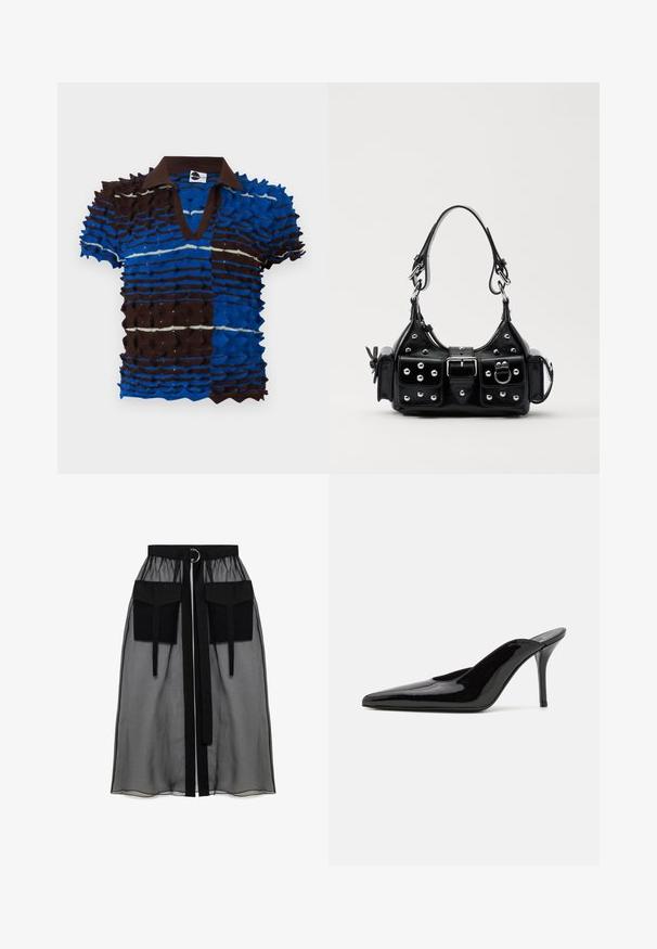 Chet Lo SPIKEY GRADIENT - Triko s potiskem - electric blue/brown/mint; Černá průhledná sukně s nařaseným pasem, která má dvě velké přední kapsy, páskový uzávěr a kulatý kovový akcent.; Černé lakované kožené muly na vysokém podpatku s špičatou špičkou a elegantním siluetou, s otevřenou zadní částí a štíhlým stiletto podpatkem.; Černá kožená kabelka s křivkovým designem, zdobená stříbrnými hřebíky, s přezkou a dvěma bočními kapsami. Nastavitelný popruh pro různé možnosti nošení.