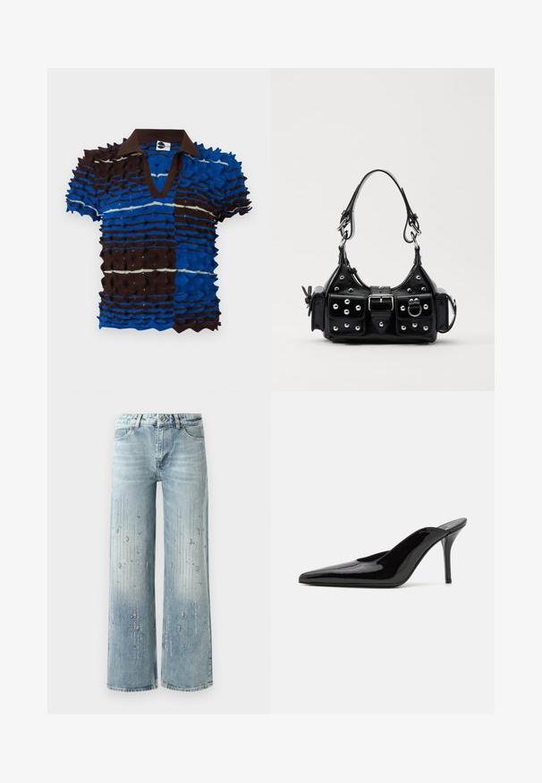 Chet Lo SPIKEY GRADIENT - Marškinėliai su spaudiniu - electric blue/brown/mint; Šviesiai mėlynos plačios kojų džinsai, pagaminti iš denimo, su gradientiniu spalvų efektu ir sidabro spalvos cirkoniais vertikaliu raštu.; Juodas lakinės odos aukštakulnis sandalai su smailiu nosiu ir elegantiška siluetu, turintys atvirą nugarą ir ploną stiletą.; Juodas odinis rankinukas su kreiviu dizainu, su sidabro spalvos knopkėmis, užsegimu ir dviem šoninėmis kišenėmis. Reguliuojama dirželis nešimui.