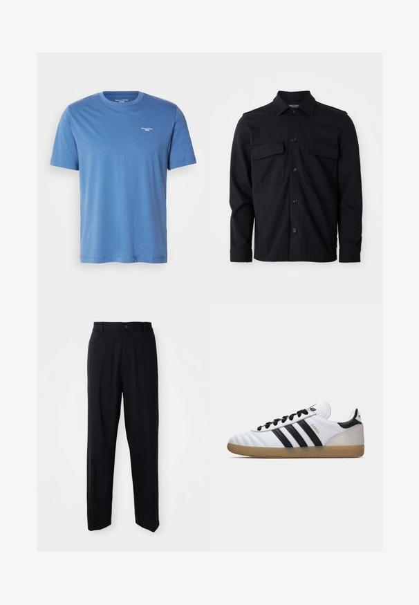 Svietlomodré tričko s krátkym rukávom vyrobené z mäkkej tkaniny, s okrúhlym výstrihom a malým bielym logom na hornom ľavom prse.; Čierna bunda s dlhým rukávom, golierom, predným zapínaním na gombíky a dvoma náprsními vreckami na jednoduchom bielom pozadí.; Čierne nohavice rovného strihu s pútkami na opasok, zapínaním na gombík a elegantným, minimalistickým dizajnom na neutrálnom pozadí.; Biele tenisky Adidas Samba s čiernymi pruhmi, čiernymi šnúrkami, béžovou semišovou pätou a gumovou podrážkou, zobrazené v ľavom bočnom profilu.