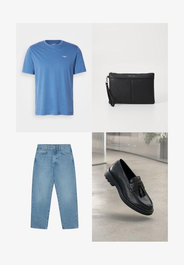 Lyseblå kortermet T-skjorte laget av mykt stoff, med rund hals og en liten hvit logo på øvre venstre bryst.; Lyseblå jeans i denim med rett ben, fem-lommers design og en lett falmet tekstur. Har knappe- og glidelåslukking.; Svarte skinnloafers med jevn finish, dekorativ dusk, tykk gummisåle og syede detaljer. Lettvektig og elegant design.; Svart syntetisk clutch med glidelås, håndleddsrem og en glatt tekstur. Har subtil søm og et logo preget på forsiden.