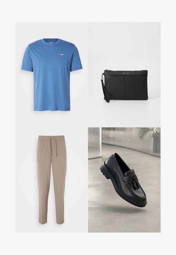 Ljusblå kortärmad t-shirt i mjukt tyg, med en rundad halsringning och en liten vit logotyp på övre vänstra bröstet.; Ljust beige byxor med elastisk midjeband, justerbar dragsnöre och smalnande ben. Tyget verkar slätt med en lätt glans.; Svarta loafers i läder med slät yta, dekorativ tofs, tjock sula i gummi och sydda detaljer. Lätt och elegant design.; Svart syntetisk clutch med dragkedja, handledsrem och en slät textur. Har subtil sömnad och en prägling av logotypen på framsidan.