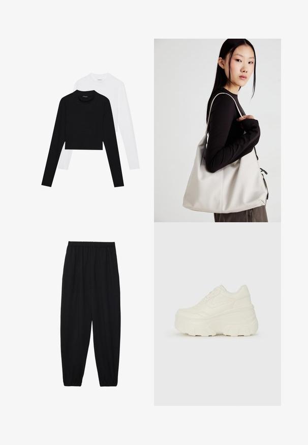 Set aus zwei langärmligen Cropped Tops in Schwarz und Weiß. Hergestellt aus weichem Material, mit Rundhalsausschnitt und figurbetonter Silhouette.; Schwarze, leichte Hosen mit einem elastischen Bund und gerafften Knöcheln. Der Stoff ist glatt und hat ein entspanntes, schmal zulaufendes Design.; Weiße Platform Sneakers mit einem glatten, lederähnlichen Obermaterial, abgerundeter Form, gepolstertem Kragen und strukturierten Gummisohlen mit ausgeprägten Stollen.; Beige Handtasche aus weichem Material, mit einem lässigen Design, gesteppten Details und zwei Schulterriemen. Geeignet für den täglichen Gebrauch.
