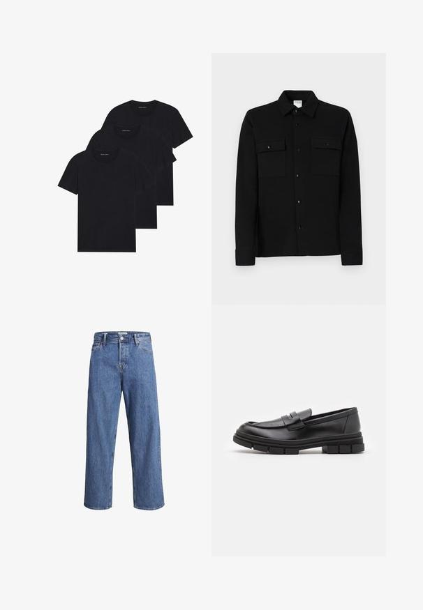 Tre svarta bomullströjor med rund hals, korta ärmar och en enkel design. Varje tröja har en synlig logotyp nära halslinningen.; Svart skjorta med knappar, tillverkad av ett slätt tyg, som har två bröstfickor, en krage med spets och knäppningar vid ärmsluten. Enkelt mönster med minimal detaljer.; Ljusblå denimjeans med rak bendesign, hög midja och minimala sömnadsdetaljer. Tyget har en mjuk, något urvaskad textur.; Svarta läderloafers med en slät finish, med en framrem och en chunky gummisula med spåriga detaljer.